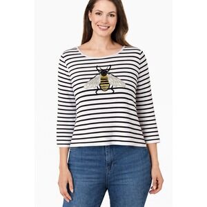 Peanut Butter & Jelly Bee Embroidered Striped Top Womens XL 3/4 Sleeve Cotton